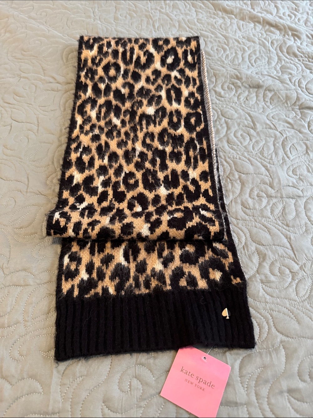 kate spade leopard print scarf in black and tan wool blend NWT